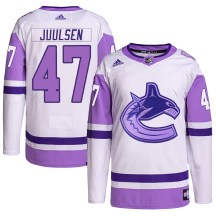 Men's Adidas Vancouver Canucks Noah Juulsen White/Purple Hockey Fights Cancer Primegreen Jersey - Authentic