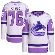 Men's Adidas Vancouver Canucks Arturs Silovs White/Purple Hockey Fights Cancer Primegreen Jersey - Authentic
