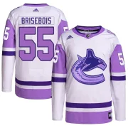 Men's Adidas Vancouver Canucks Guillaume Brisebois White/Purple Hockey Fights Cancer Primegreen Jersey - Authentic Men's Adidas Vancouver Canucks Guillaume Brisebois White/Purple Hockey Fights Cancer Primegreen Jersey - Authentic